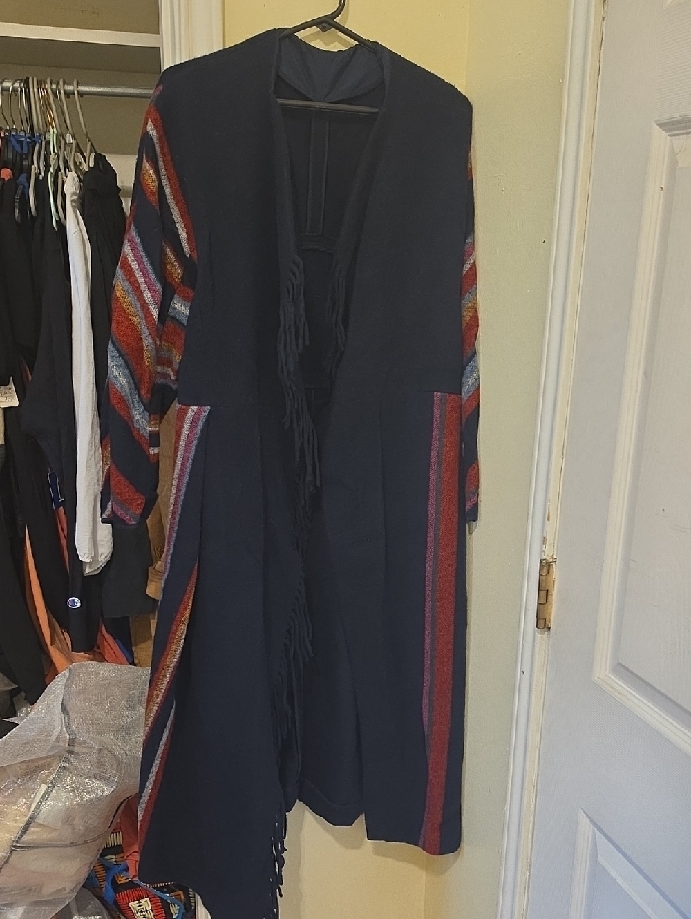 Tory Burch Navy Fringe Open-Front Cardigan with Multicolor Stripe Sleeves